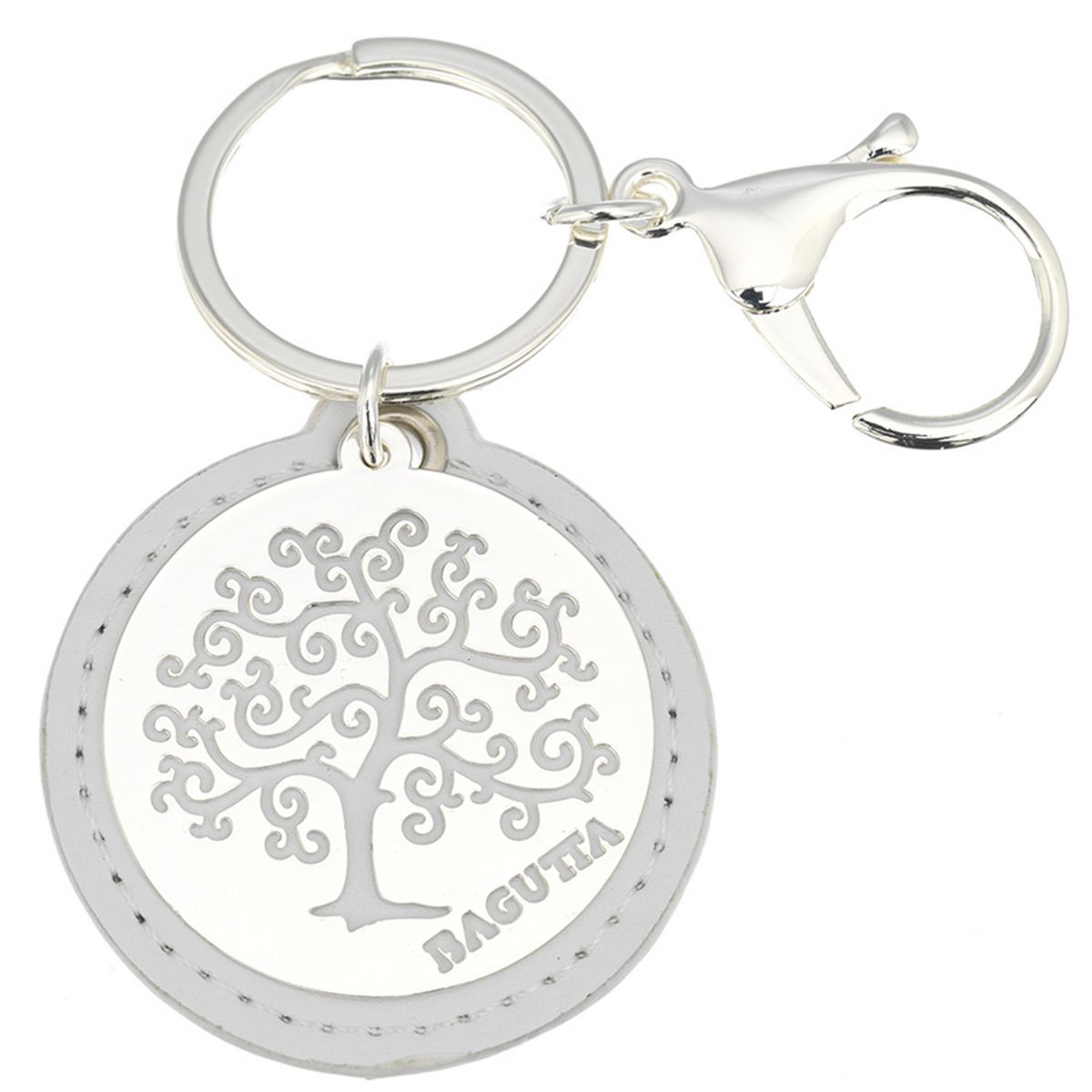 Bagutta Portachiavi Tondo Albero della Vita Spirali Bianco con Moschettone 9,5 cm
