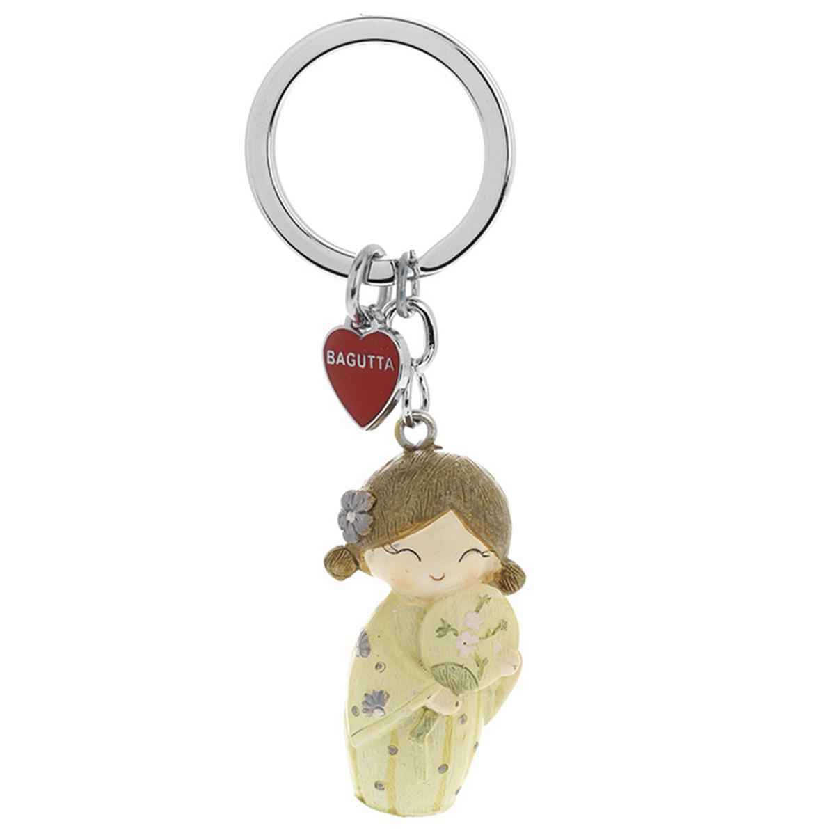 Bagutta Kokeshi Portachiavi Yoshi Simbolo di Fortuna Kimono Giallo Capelli Castani 9,5 cm
