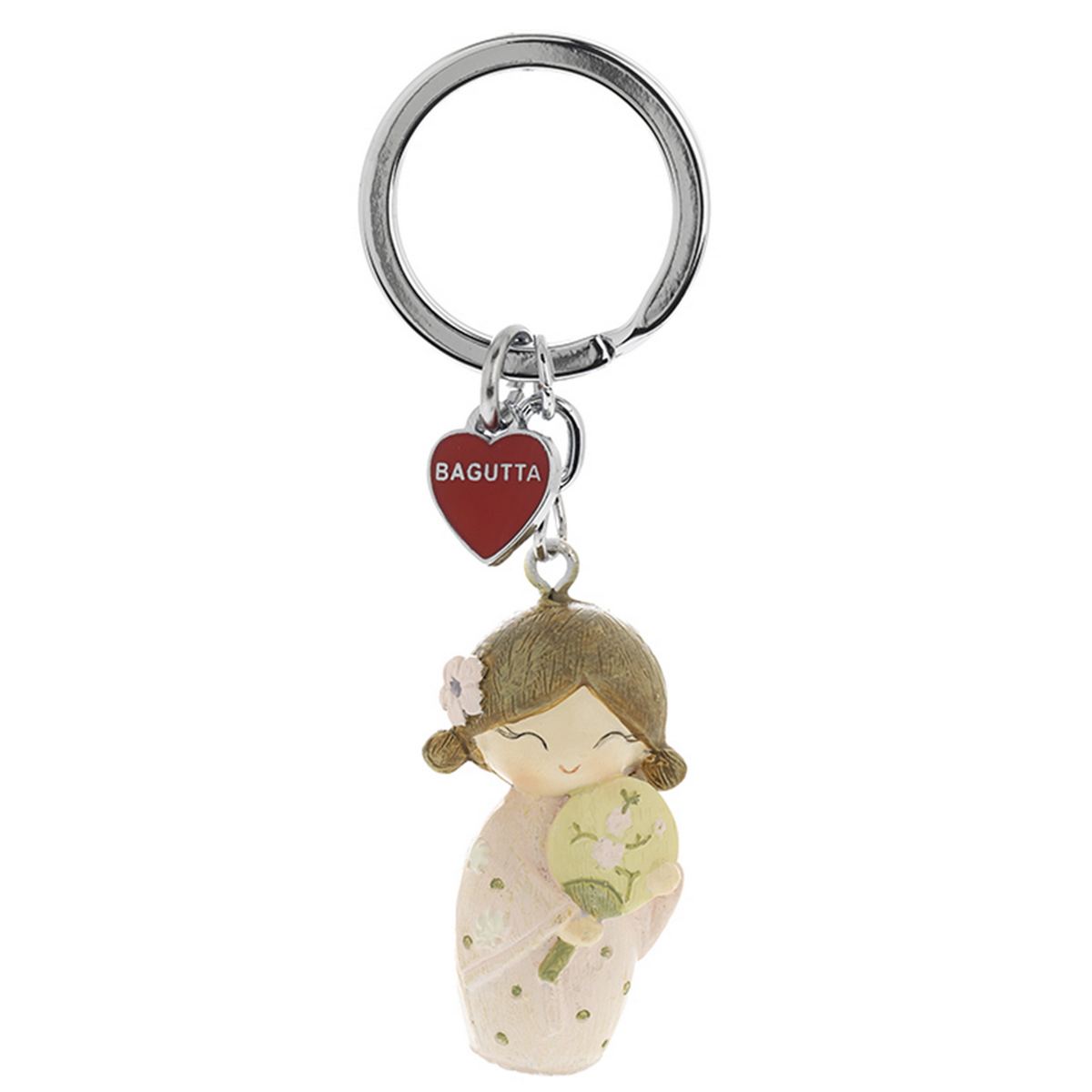 Bagutta Kokeshi Portachiavi Yoshi Simbolo di Fortuna Kimono Rosa Capelli Castani 9,5 cm