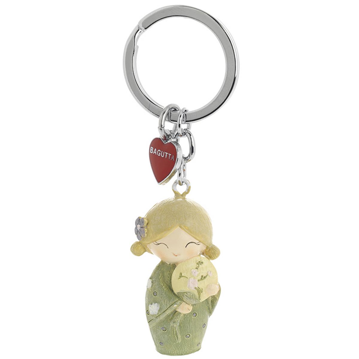 Bagutta Kokeshi Portachiavi Yoshi Simbolo di Fortuna Kimono Verde Capelli Biondi 9,5 cm