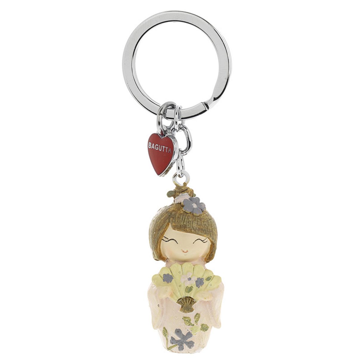 Bagutta Kokeshi Portachiavi Kenta Simbolo di Salute e Forza Kimono Rosa Capelli Castani 9,5 cm