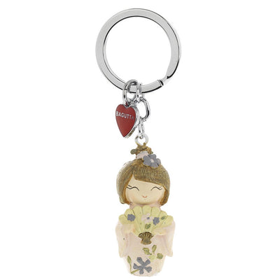 Bagutta Kokeshi Portachiavi Kenta Simbolo di Salute e Forza Kimono Rosa Capelli Castani 9,5 cm
