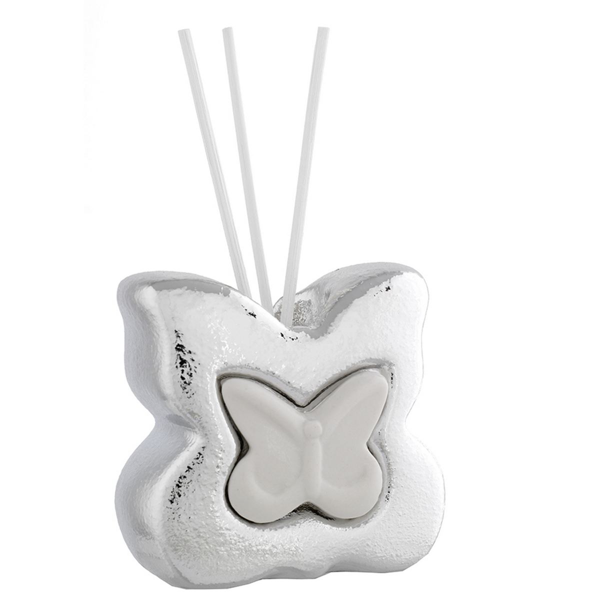 Bagutta Profumatore per Ambienti in Ceramica Gatto con Farfalla Argentato 8x4x8 cm