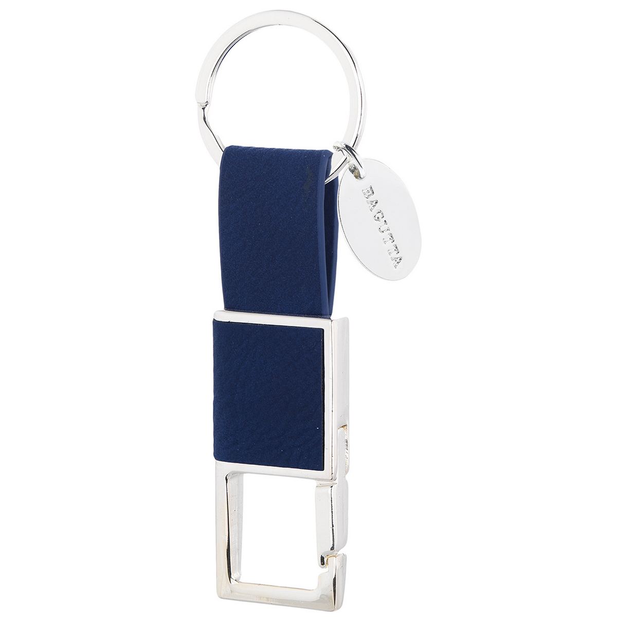 Bagutta Portachiavi Finitura Silver con Fettuccia Blu e Anello Rettangolare 10 cm