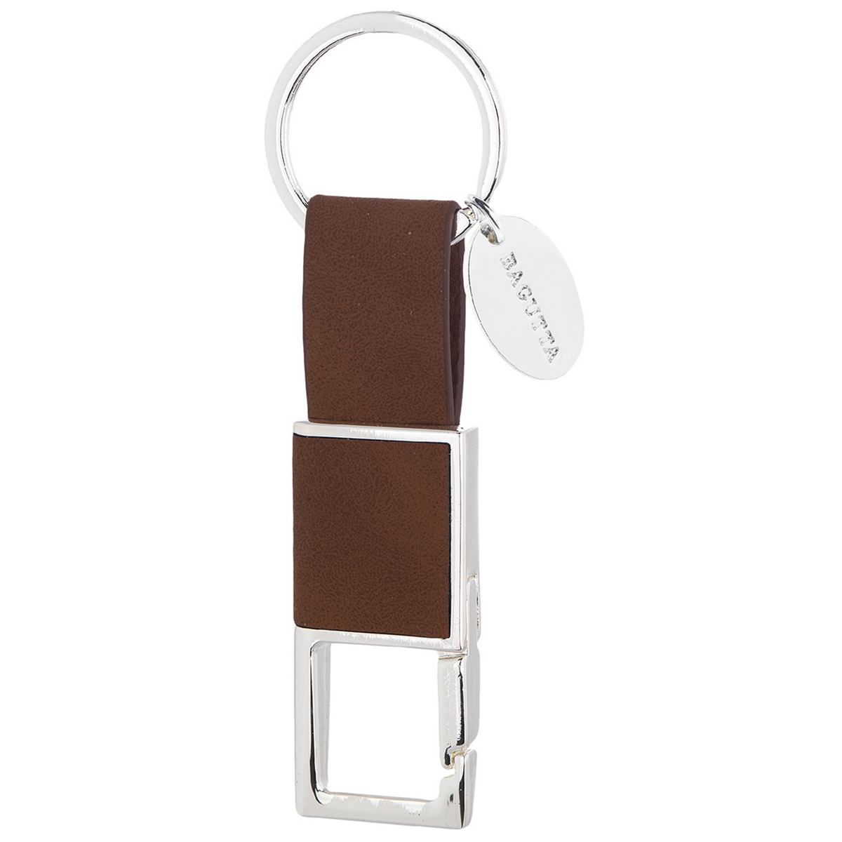 Bagutta Portachiavi Finitura Silver con Fettuccia Marrone e Anello Rettangolare 10 cm