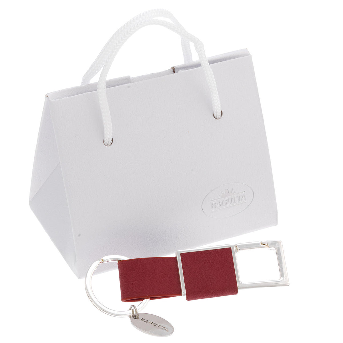 Bagutta Portachiavi Finitura Silver con Fettuccia Rossa e Anello Rettangolare 10 cm