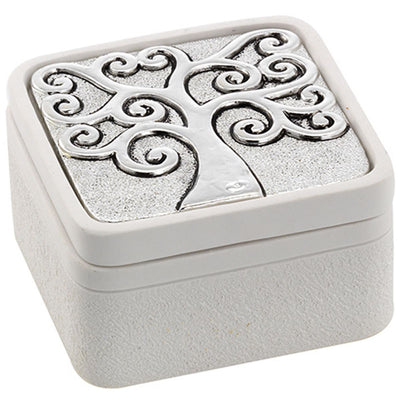Bagutta Cofanetto Quadrato Bianco con Albero Argentato 7x7x4 cm
