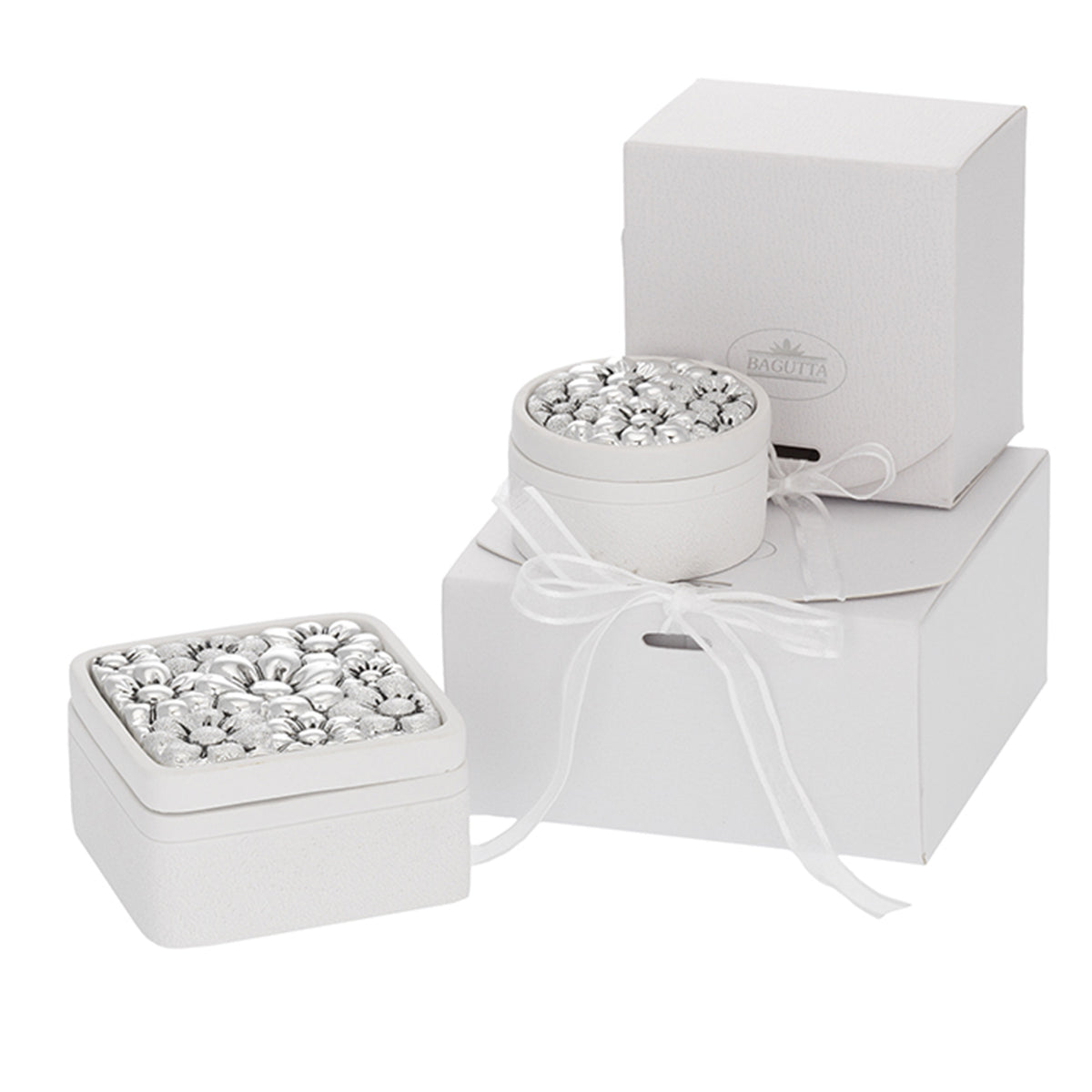 Bagutta Cofanetto Quadrato Bianco con Albero Argentato 7x7x4 cm