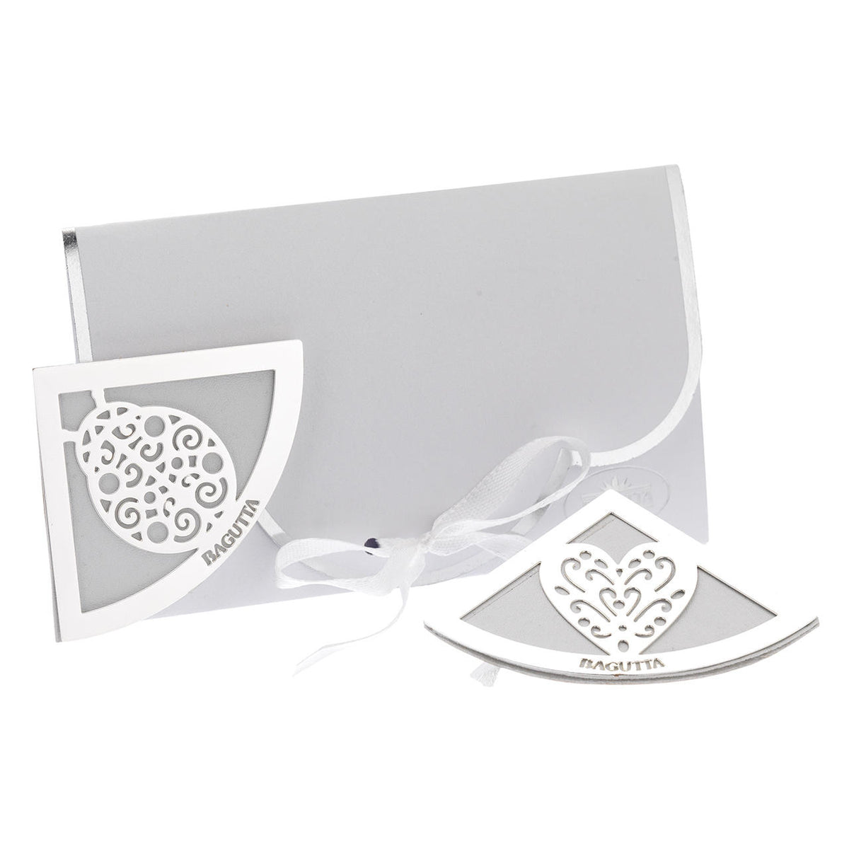 Bagutta Segnalibro Angolare in Ecopelle Bianca con Quadrifoglio Silver Plated 5x5 cm
