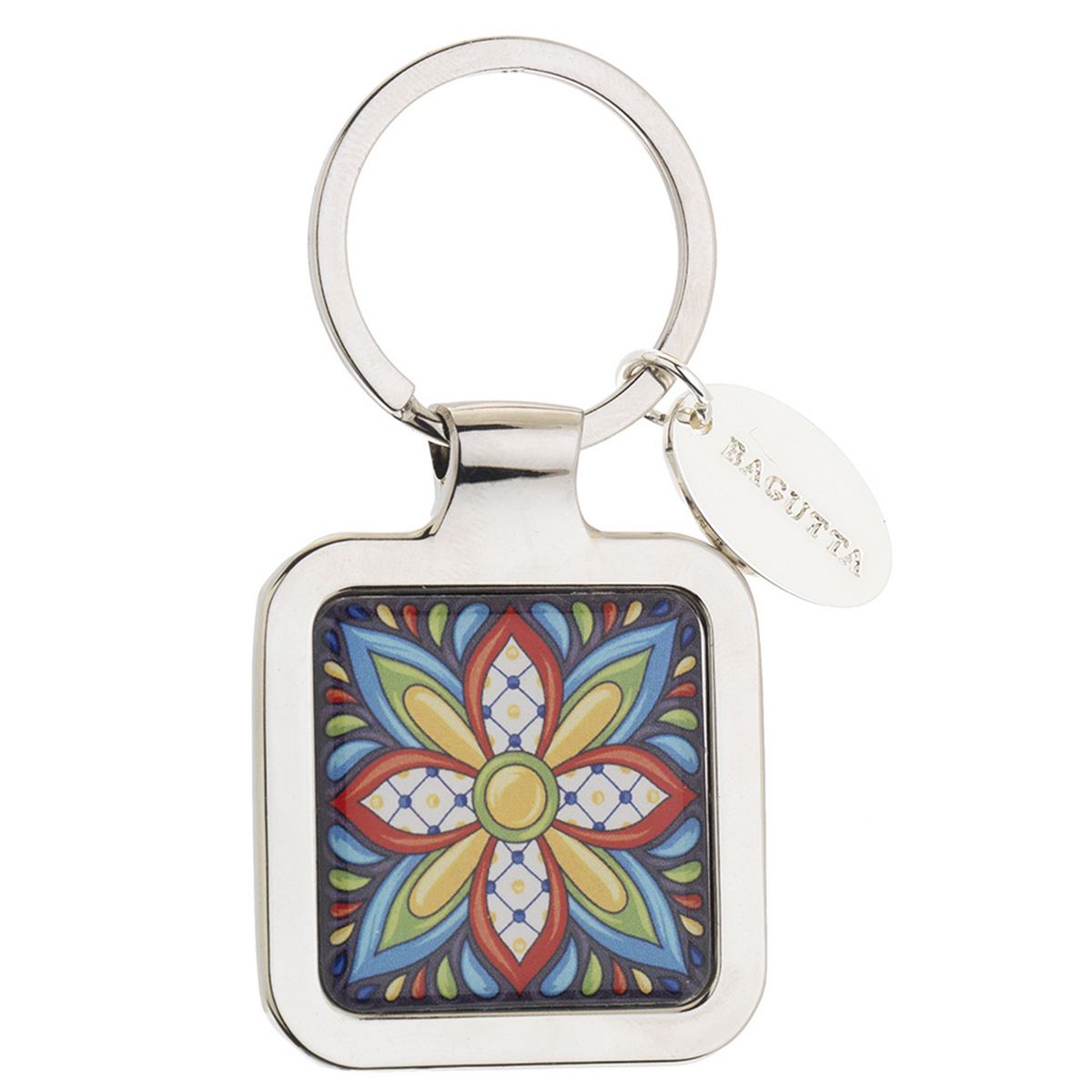 Bagutta Portachiavi Quadrato Maiolica Motivo Floreale Blu Rosso e Giallo 7 cm