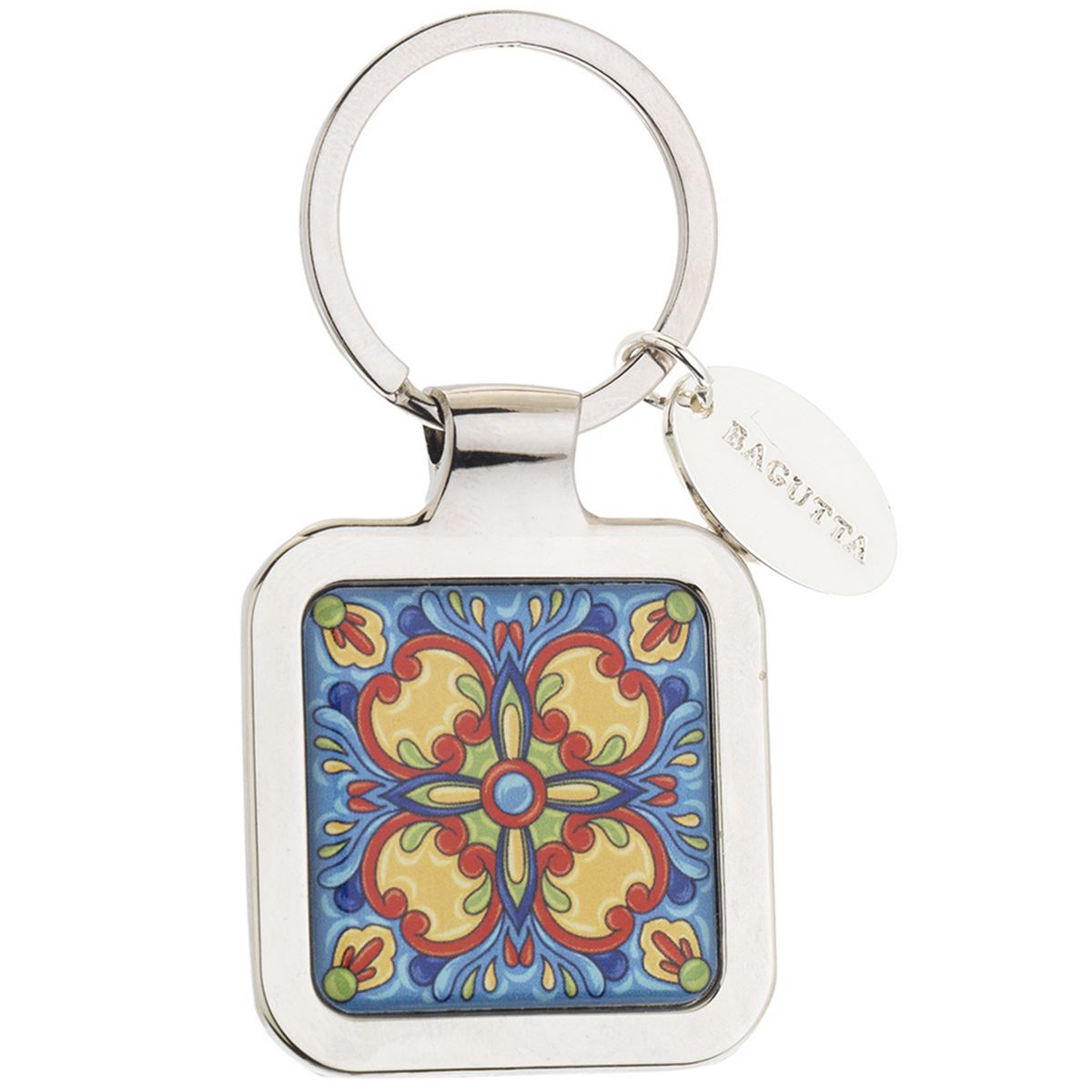 Bagutta Portachiavi Quadrato Maiolica Motivo Floreale Rosso e Giallo su Fondo Turchese 7 cm