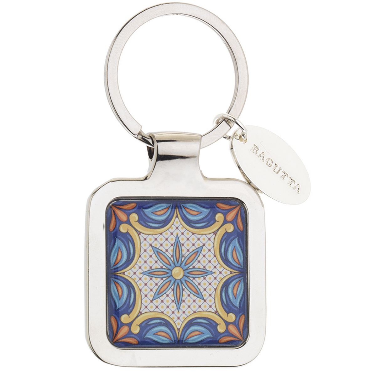 Bagutta Portachiavi Quadrato Maiolica Motivo Stella Blu e Arancione 7 cm