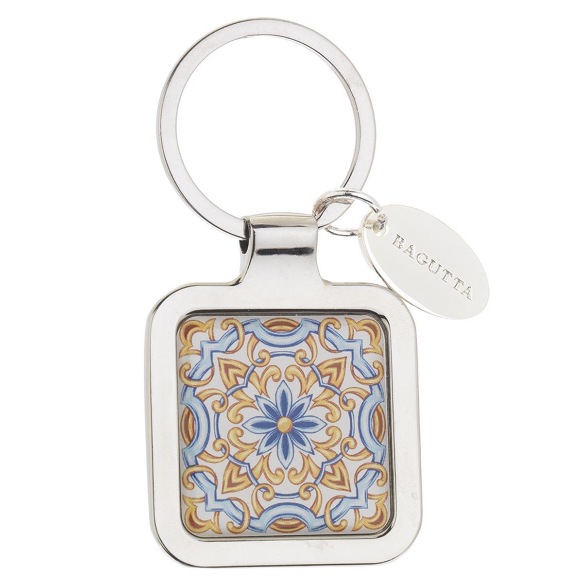 Bagutta Portachiavi Quadrato Maiolica Motivo Rosone Blu e Arancione 7 cm