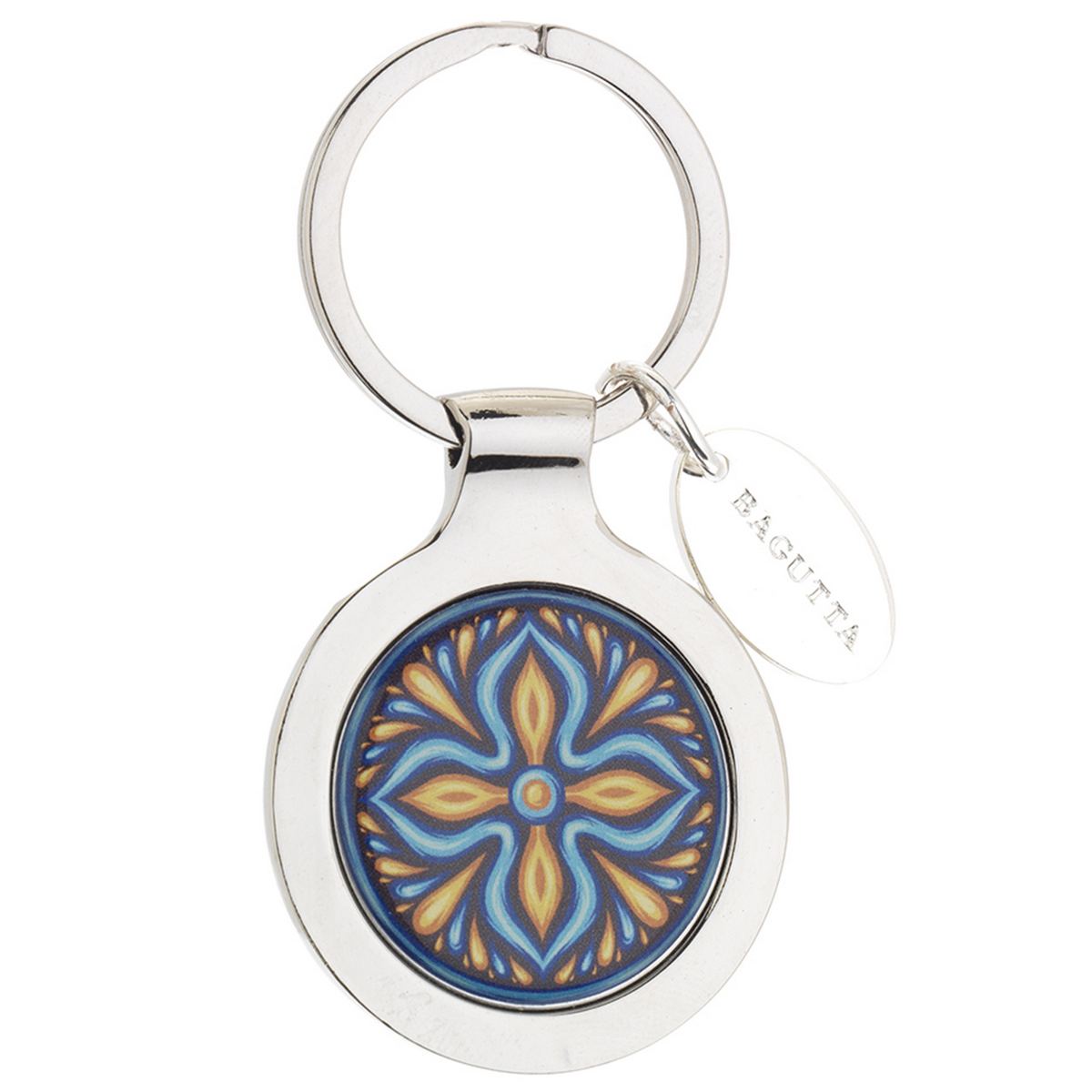 Bagutta Portachiavi Tondo Maiolica Motivo Rosone Blu e Arancione 7 cm