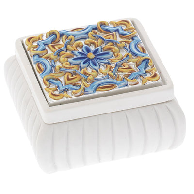 Bagutta Maioliche Cofanetto Quadrato Bianco a Coste Decoro Blu e Giallo 8x8x4 cm