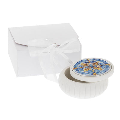 Bagutta Maioliche Cofanetto Quadrato Bianco a Coste Decoro Blu e Giallo 8x8x4 cm