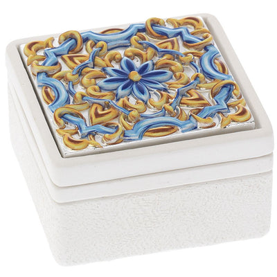 Bagutta Maioliche Cofanetto Quadrato Bianco Liscio Decoro Blu e Giallo 7x7x4 cm