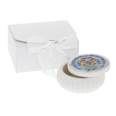 Bagutta Maioliche Cofanetto Quadrato Bianco Liscio Decoro Blu e Giallo 7x7x4 cm