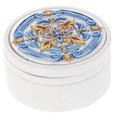 Bagutta Maioliche Cofanetto Tondo Bianco a Coste Decoro Blu e Giallo Ø 8,5x4 cm
