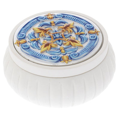 Bagutta Maioliche Cofanetto Tondo Bianco Liscio Decoro Blu e Giallo Ø 7,5x4 cm