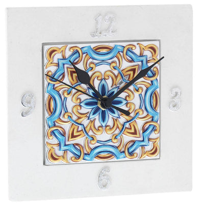 Bagutta Maioliche Orologio da Tavolo Quadrato Decoro Blu e Giallo 15x15 cm