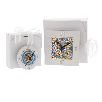Bagutta Maioliche Orologio da Tavolo Quadrato Decoro Blu e Giallo 15x15 cm