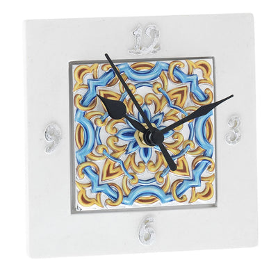 Bagutta Maioliche Orologio da Tavolo Quadrato Decoro Blu e Giallo 10x10 cm