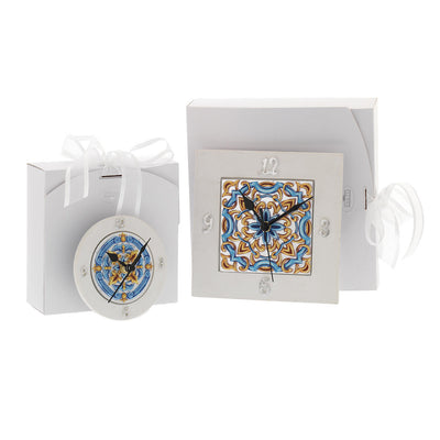 Bagutta Maioliche Orologio da Tavolo Quadrato Decoro Blu e Giallo 10x10 cm