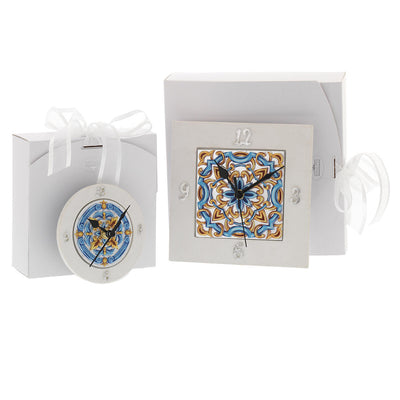 Bagutta Maioliche Orologio da Tavolo Tondo Decoro Blu e Giallo Ø 10 cm