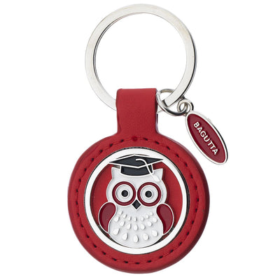 Bagutta Portachiavi Laurea Rotondo Rosso con Gufo Bianco 7,5 cm