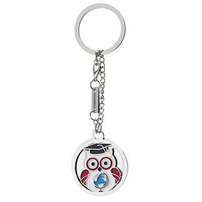 Bagutta Portachiavi Laurea Argentato con Gufo Bianco e Mappamondo 11,5 cm