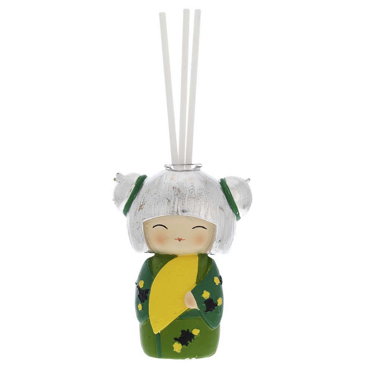 Bagutta Kokedoll Profumatore con Bastoncini, Kimono Verde e Ventaglio Giallo 9 cm