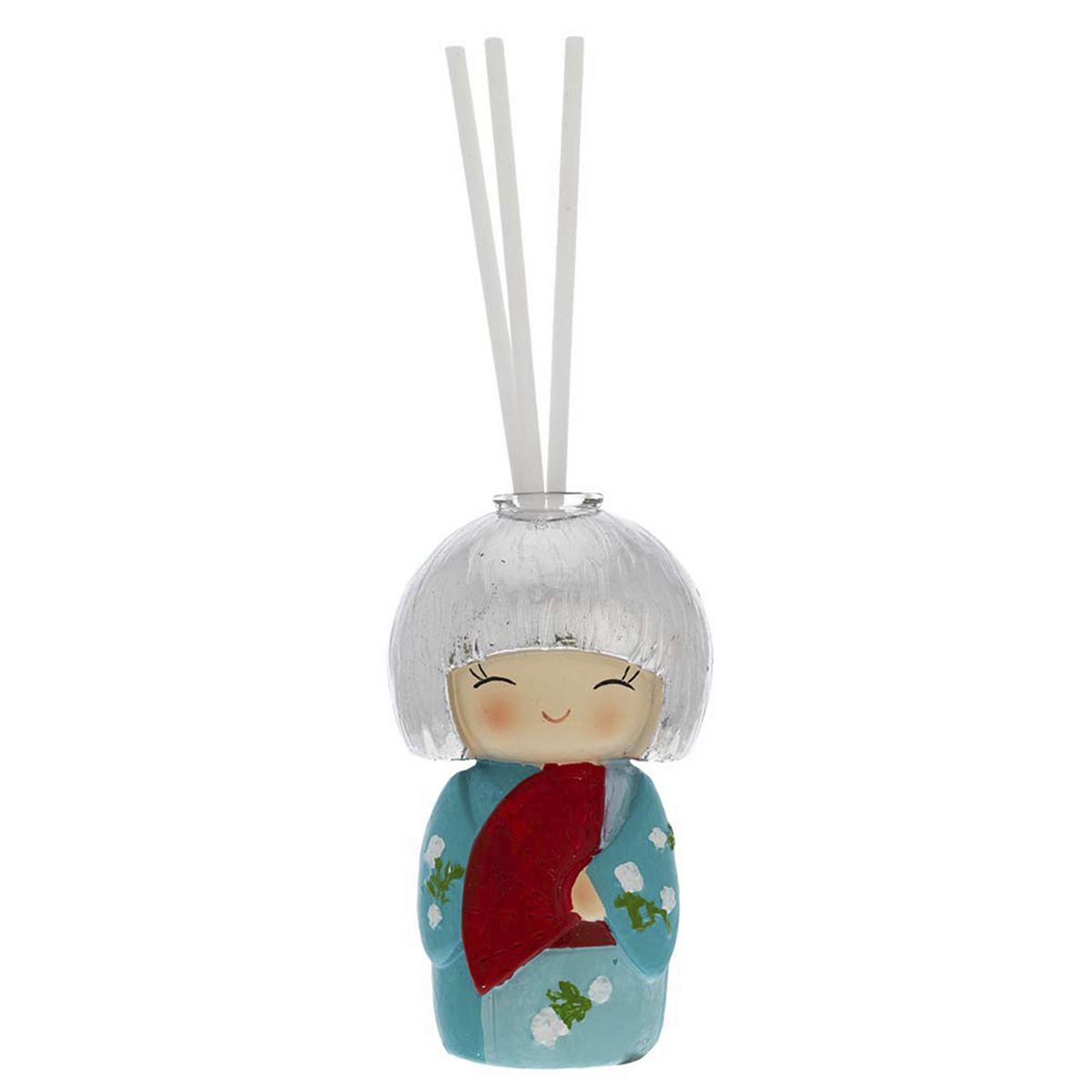 Bagutta Kokedoll Profumatore con Bastoncini, Kimono Turchese e Rosso 9 cm