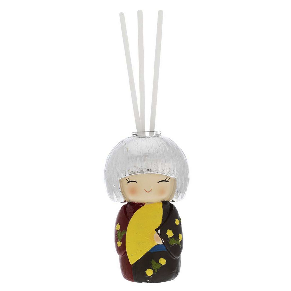 Bagutta Kokedoll Profumatore con Bastoncini, Kimono Nero Bordeaux e Giallo 9 cm