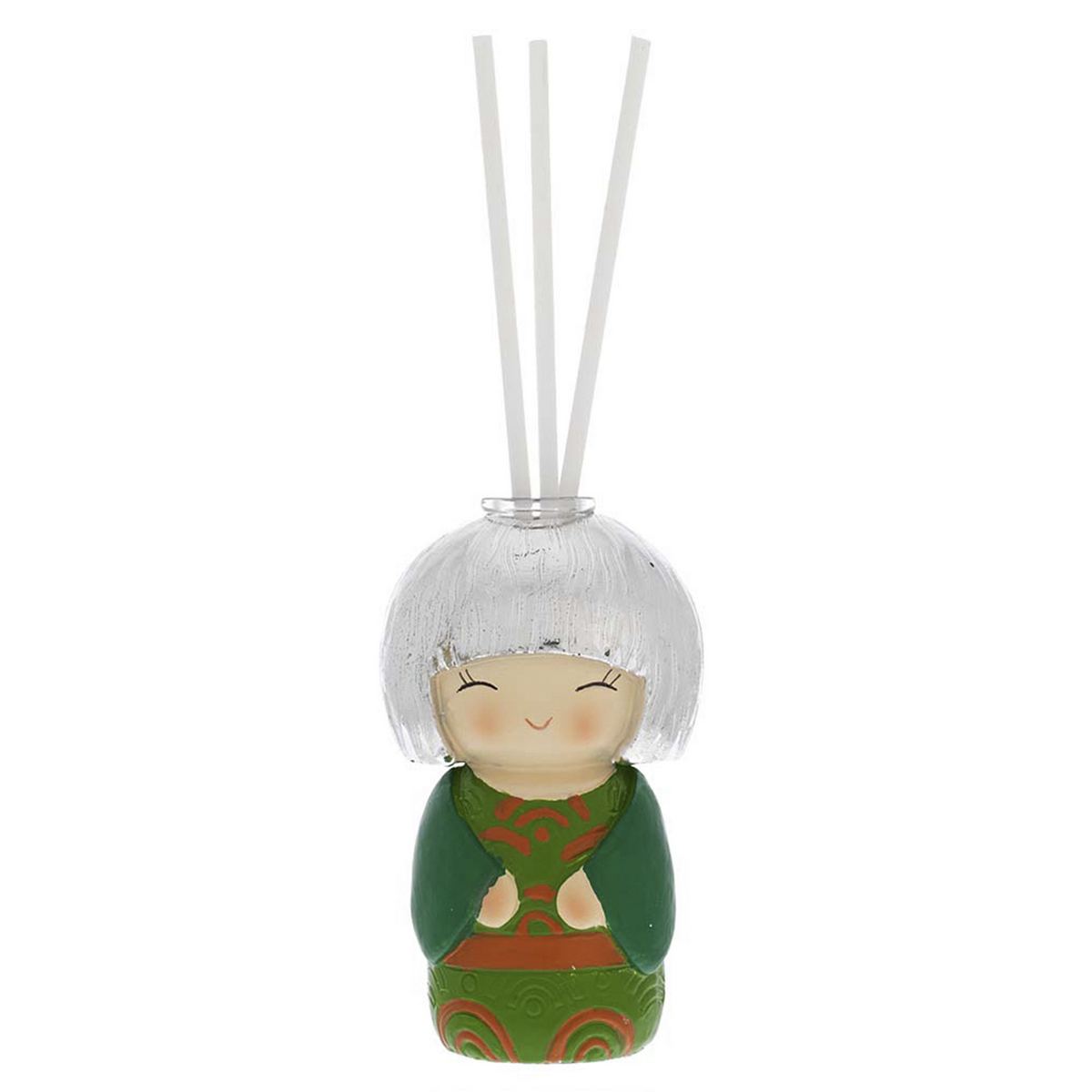 Bagutta Kokedoll Profumatore con Bastoncini, Kimono Verde e Rosso 9 cm