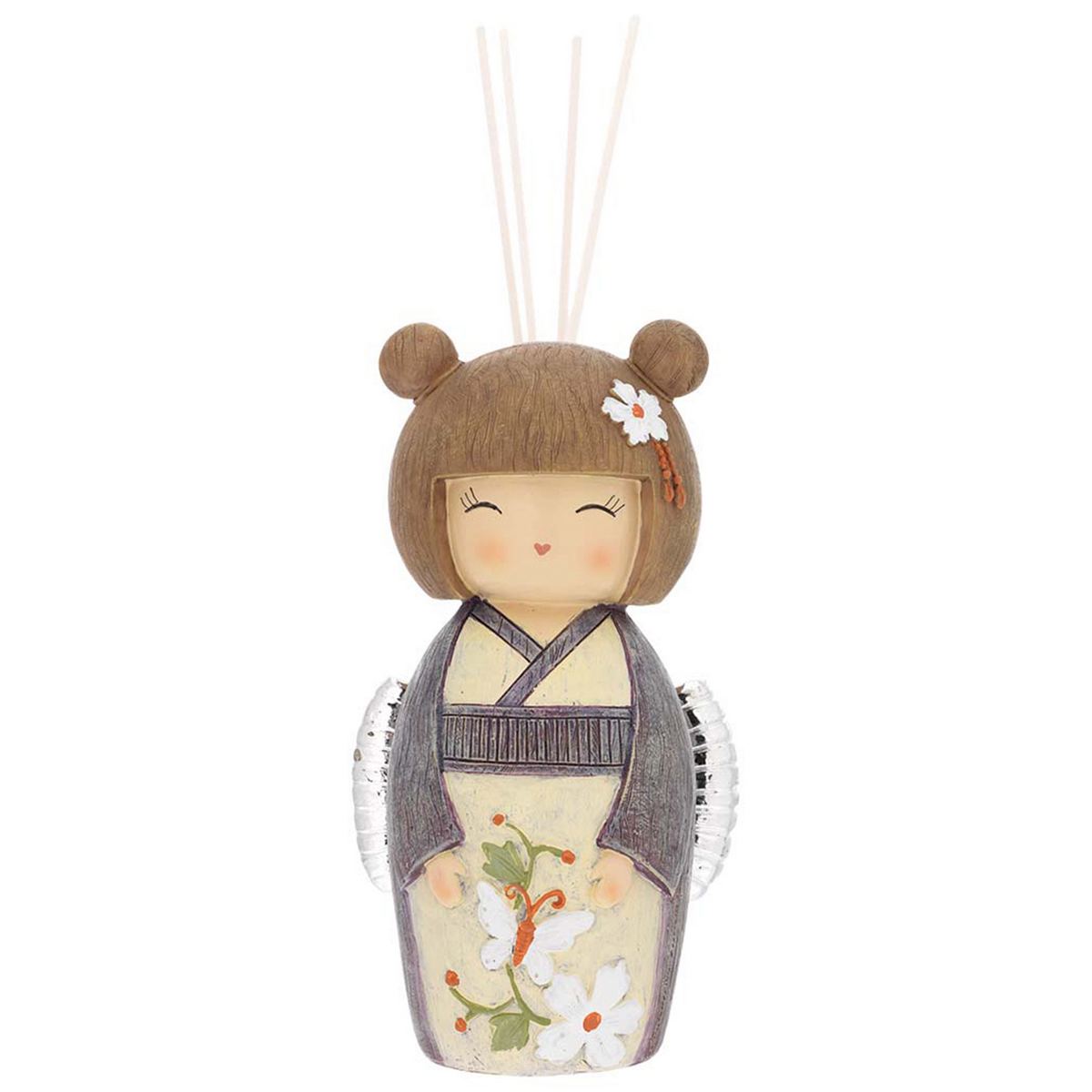 Bagutta Kokeshi Diffusore con Doppio Chignon, Kimono Grigio e Fragranza Inclusa 18 cm