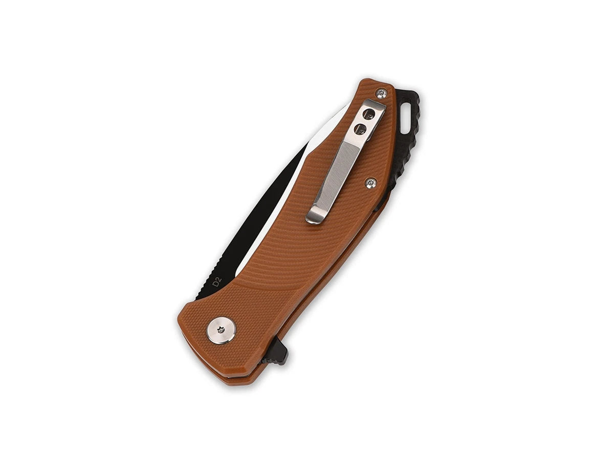Vista manico G-10 marrone QSP Raven liner lock ceramic bearing