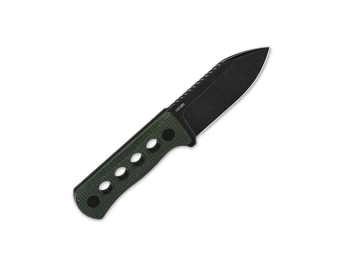Dettaglio lama drop point 14C28N black QSP Canary Micarta verde