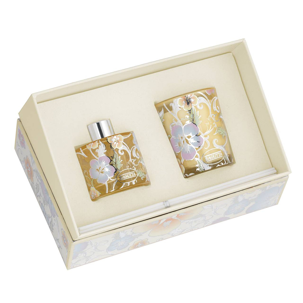 Bagutta Silver Flames Set Diffusore e Candela Limone Decoro Fiori Gialli 50 ml + 70 g