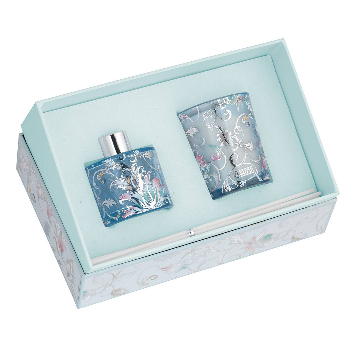 Bagutta Silver Flames Set Diffusore e Candela Cannella Decoro Foglie Azzurre 50 ml + 70 g