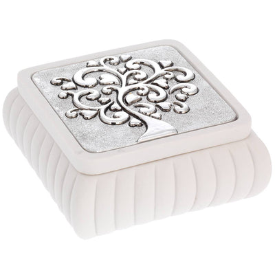 Bagutta Cofanetto Quadrato Bianco a Coste Albero con Cuori Argentato 11x11x4,5 cm