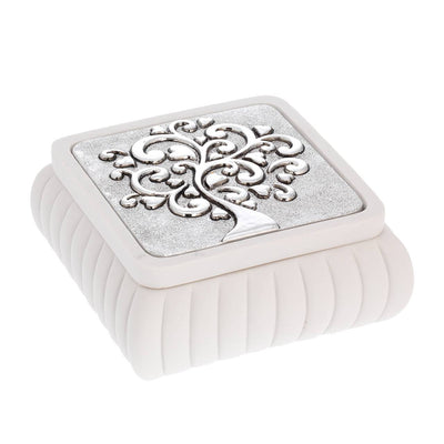 Bagutta Cofanetto Quadrato Bianco a Coste Albero con Cuori Argentato 8x8x4 cm
