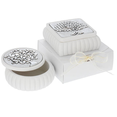 Bagutta Cofanetto Quadrato Bianco a Coste Albero con Cuori Argentato 8x8x4 cm