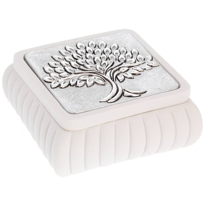 Bagutta Cofanetto Quadrato Bianco a Coste Albero con Spighe Argentato 11x11x4,5 cm