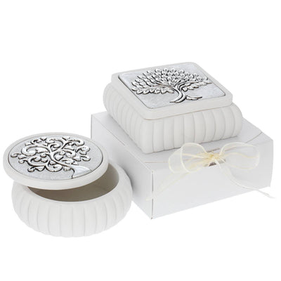 Bagutta Cofanetto Quadrato Bianco a Coste Albero con Spighe Argentato 11x11x4,5 cm