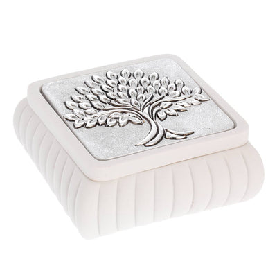 Bagutta Cofanetto Quadrato Bianco a Coste Albero con Spighe Argentato 8x8x4 cm