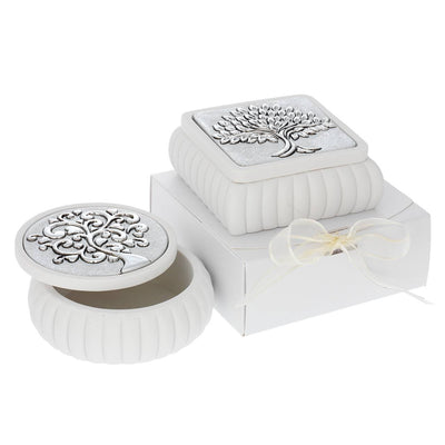 Bagutta Cofanetto Quadrato Bianco a Coste Albero con Spighe Argentato 8x8x4 cm