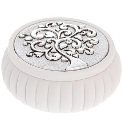 Bagutta Cofanetto Tondo Bianco a Coste Albero con Cuori Argentato Ø 11,5x4,5 cm
