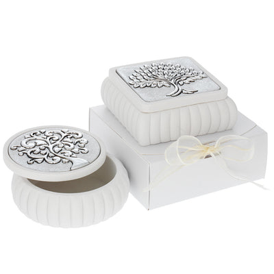 Bagutta Cofanetto Tondo Bianco a Coste Albero con Cuori Argentato Ø 11,5x4,5 cm