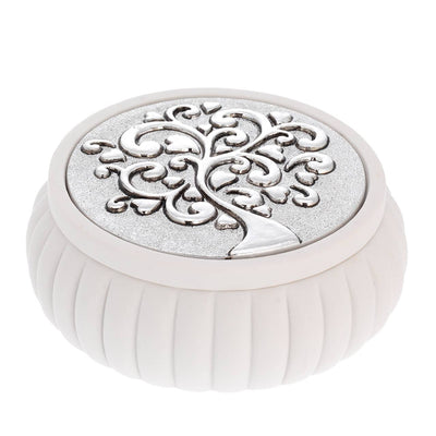 Bagutta Cofanetto Tondo Bianco a Coste Albero con Cuori Argentato Ø 8x4 cm